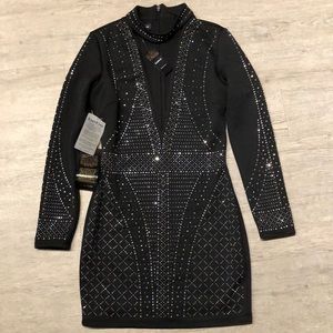bebe black long sleeve rhinestone bodycon